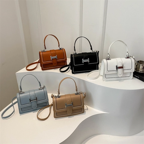 Trendy Chic Women PU Leather Crossbody Handbag Contrast Stitching Flap Square Shoulder Bag With Elegant Top Handle