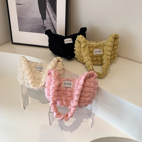 Bolso De Hombro Para Mujer Textura Burbuja Plisado Tela Popcorn Bolso De Axila Color Sólido Casual Moda Bolso Hobo