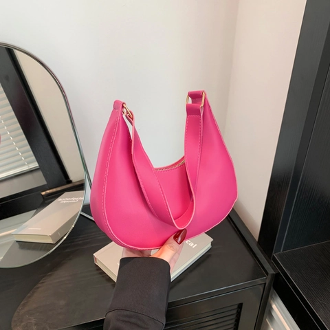 Women PU Leather Crescent Underarm Bag Simple Solid Color Half Moon Shoulder Bag Trendy Street Style
