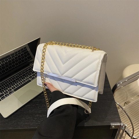 Women Shoulder Bag PU Leather Chevron V-Quilted Crossbody Small Square Handbag Gold Chain Strap Flap Trendy Elegant Black White