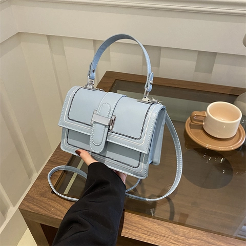 Trendy Chic Women PU Leather Crossbody Handbag Contrast Stitching Flap Square Shoulder Bag With Elegant Top Handle