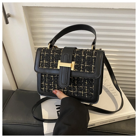 Borsa A Tracolla In Tweed Da Donna Motivo Pied-De-Poule Pelle PU Borsa A Mano Quadrata Con Fibbia Metallica A Forma Di H Versatile Elegante
