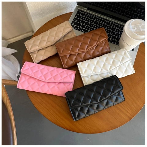 Pochette Matelassée En Cuir PU Pour Femmes Portefeuille Long Style Enveloppe Motif Losanges Sac À Main Mode