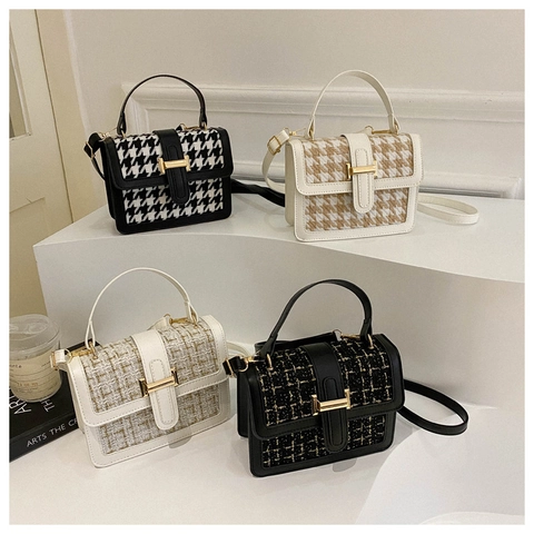 Borsa A Tracolla In Tweed Da Donna Motivo Pied-De-Poule Pelle PU Borsa A Mano Quadrata Con Fibbia Metallica A Forma Di H Versatile Elegante