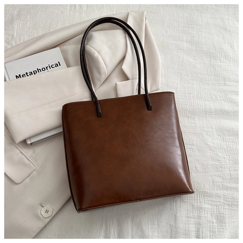 Bolso Tote Minimalista de Cuero PU para Mujer Gran Capacidad Simple Color Sólido Bolso de Hombro Retro Urbano Viajero Bolso de Mano