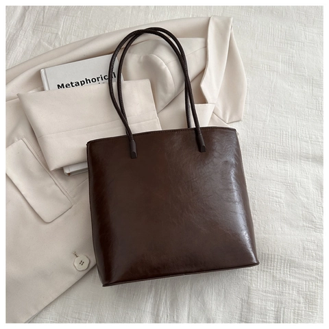 Bolso Tote Minimalista de Cuero PU para Mujer Gran Capacidad Simple Color Sólido Bolso de Hombro Retro Urbano Viajero Bolso de Mano