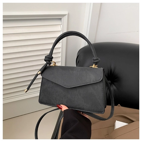 PU Leather Small Square Handbag Knot Handle Envelope Flap Crossbody Shoulder Bag Gold Hardware Retro Minimalist Women