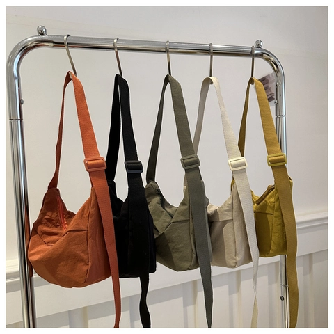Women Minimalist Nylon Crossbody Bag Solid Color Lightweight Half Moon Dumpling Shoulder Bag Adjustable Wide Strap Casual