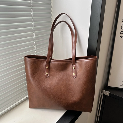 Vintage Große Kapazität Tote Bag Für Frauen Einfache PU Leder Schulter Handtasche Mit Reißverschluss Und Nietendetail