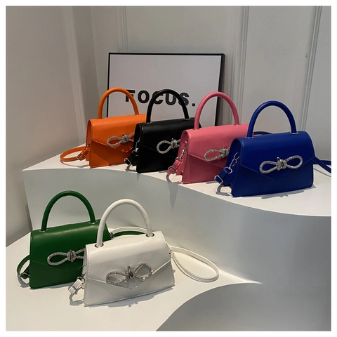 Elegant Bow Rhinestone Small Square Shoulder Bag For Women PU Leather Crossbody Handbag With Single Handle Party Wedding Purse