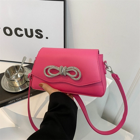 Women Crossbody Bag PU Leather Rhinestone Bow Small Square Elegant Fashion Shoulder Handbag With Magnetic Snap
