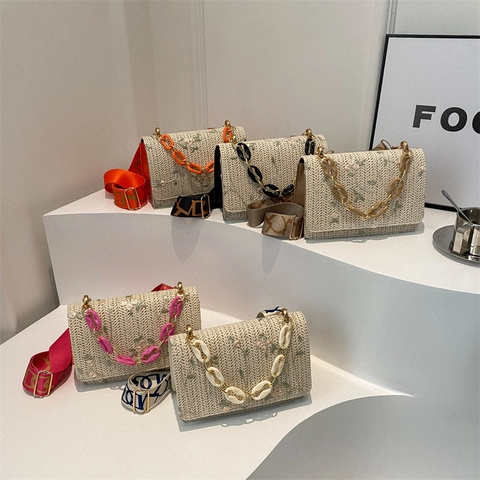 Women Straw Woven Shoulder Crossbody Bag Floral Embroidery Acrylic Chain Wide Strap Square Flap Casual Summer Fashion