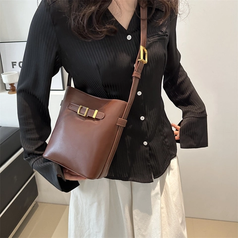 Borsa Secchiello Donna Pelle PU Grande Capacità Tracolla Regolabile Fibbia Dorata Elegante Minimalista Pendolare Quotidiana