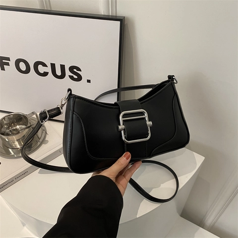 Women Baguette Bag PU Leather Minimalist Underarm Shoulder Bag Large Silver Square Buckle Retro Crossbody Bag Casual Daily