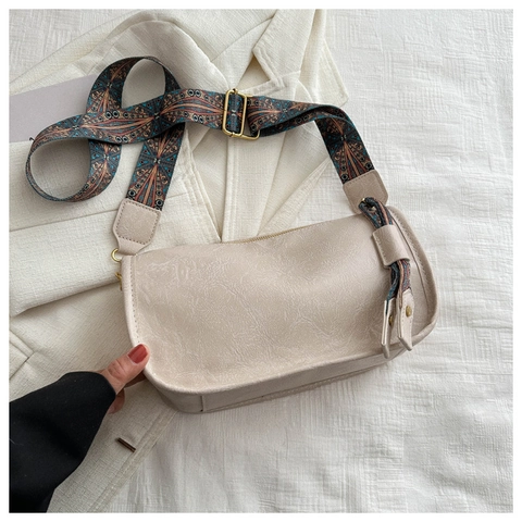 Retro Women PU Leather Shoulder Bag With Bohemian Ethnic Pattern Wide Strap Casual Crossbody Bag Square Handbag Daily Fashion