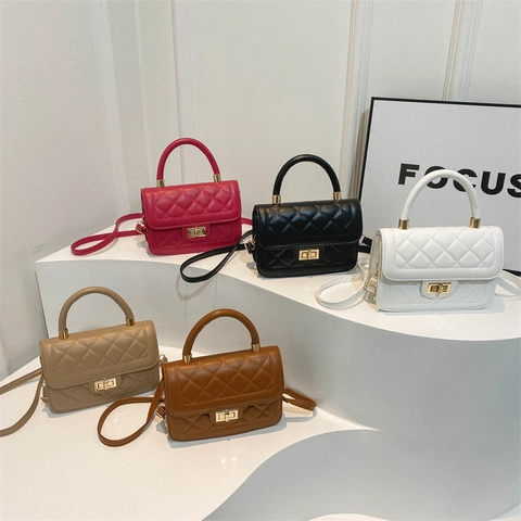 Women Rhombus Quilted Crossbody Bag PU Leather Top Handle Small Square Shoulder Handbag Fashion Chic Metal Turnlock