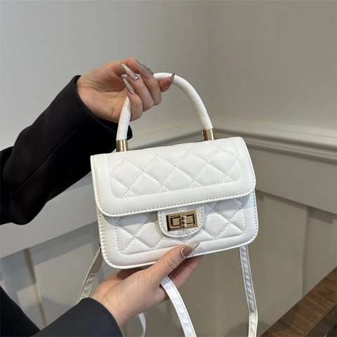 Women Rhombus Quilted Crossbody Bag PU Leather Top Handle Small Square Shoulder Handbag Fashion Chic Metal Turnlock