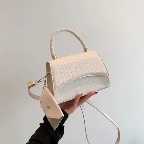 Women Shoulder Bag PU Leather Crocodile Pattern Woven Handle Square Crossbody Handbag With Mini Pouch Elegant