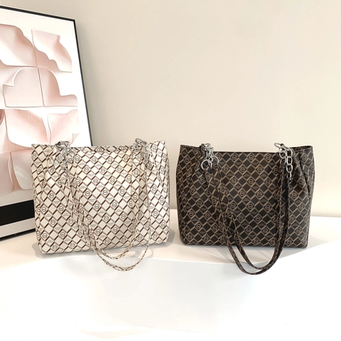 Sac Cabas Femmes Cuir PU Monogramme Motif Losanges Grande Capacité Style Coréen Vintage Sac À Épaule Chaîne