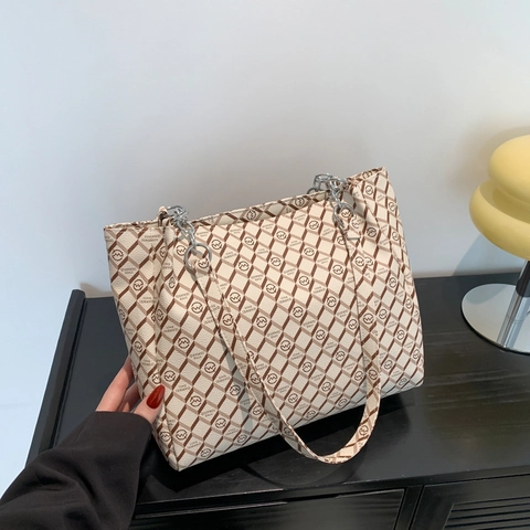 Sac Cabas Femmes Cuir PU Monogramme Motif Losanges Grande Capacité Style Coréen Vintage Sac À Épaule Chaîne
