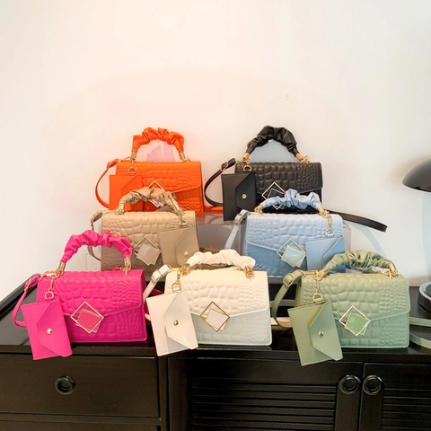 Women Shoulder Bag PU Leather Crocodile Pattern Pleated Handle Square Metal Buckle Crossbody With Mini Hanging Pouch