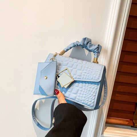 Women Shoulder Bag PU Leather Crocodile Pattern Pleated Handle Square Metal Buckle Crossbody With Mini Hanging Pouch
