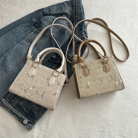 Women Flower Embroidery Straw Woven Handbag Mini Square Crossbody Shoulder Bag PU Leather Strap Pastoral Summer