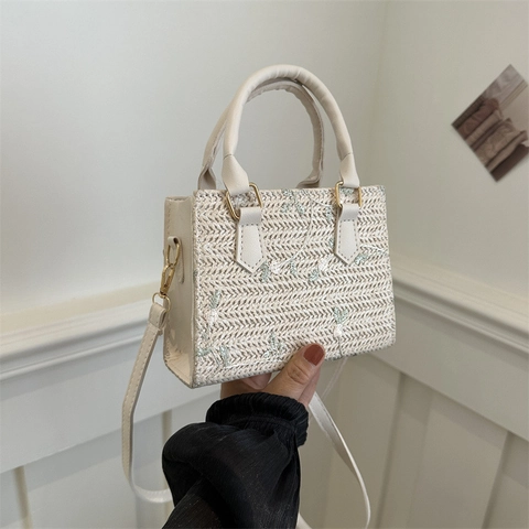 Women Flower Embroidery Straw Woven Handbag Mini Square Crossbody Shoulder Bag PU Leather Strap Pastoral Summer