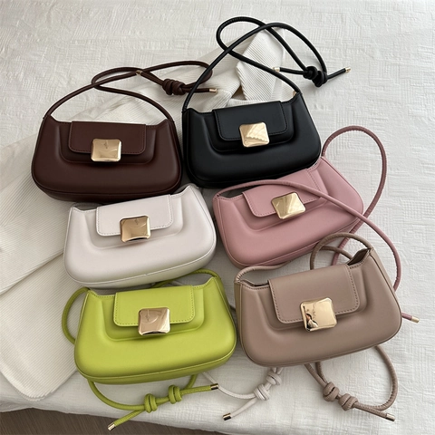 Women Baguette Underarm Shoulder Bag PU Leather Square Gold Metal Buckle Knotted Strap Versatile Solid Color Fashion