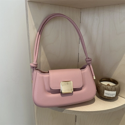 Women Baguette Underarm Shoulder Bag PU Leather Square Gold Metal Buckle Knotted Strap Versatile Solid Color Fashion
