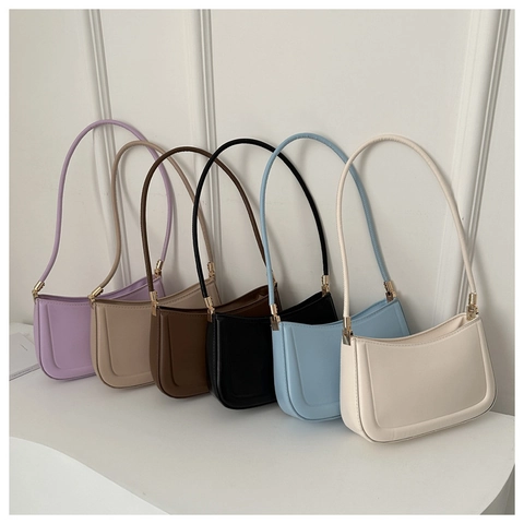 Women Minimalist PU Leather Underarm Bag Fashion Small Square Shoulder Bag Solid Color Daily Purse With Gold Hardware