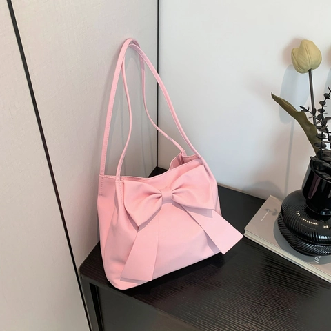Women PU Leather Shoulder Bag Large Capacity Dumpling Tote With Large Bow Decoration Fashion Underarm Handbag