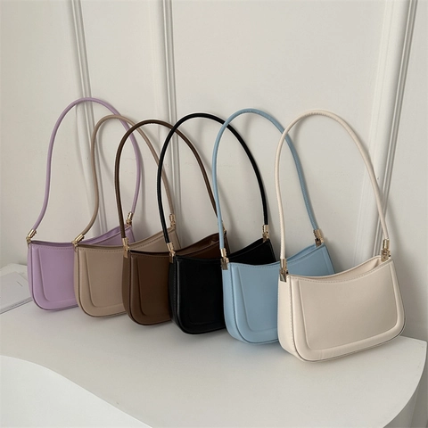 Bolso De Axila Vintage De Cuero PU De Color Sólido Bolso De Hombro Minimalista Con Herrajes Dorados Para Mujer