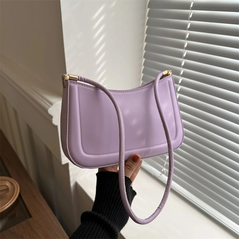 Bolso De Axila Vintage De Cuero PU De Color Sólido Bolso De Hombro Minimalista Con Herrajes Dorados Para Mujer