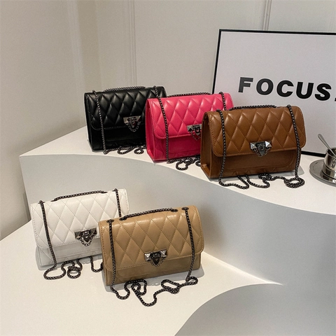 Quilted PU Leather Shoulder Bag For Women Solid Color Chain Strap Crossbody Bag Small Square Fashion Trendy Lock Closure