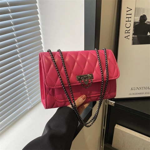 Quilted PU Leather Shoulder Bag For Women Solid Color Chain Strap Crossbody Bag Small Square Fashion Trendy Lock Closure