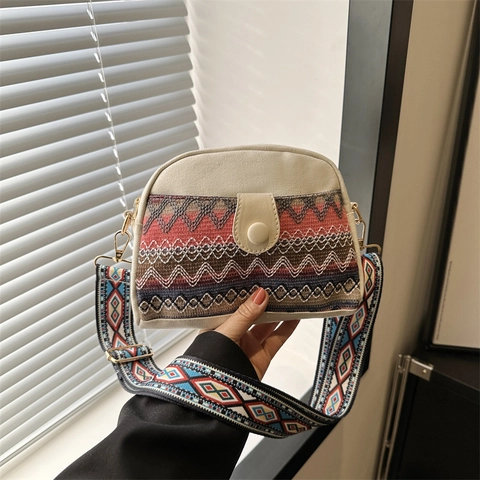 Sac Bandoulière En Toile Style Ethnique Broderie Bohème Rétro Large Sangle Petit Sac À Épaule Carré Pour Femmes