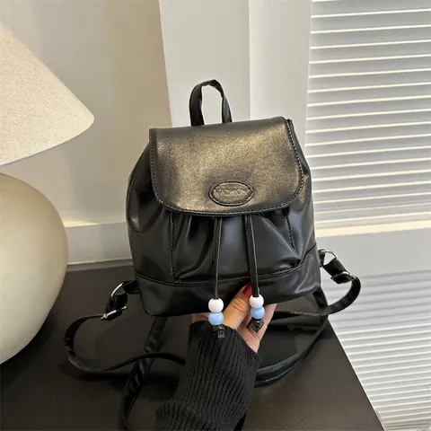 Women Mini Backpack PU Leather Drawstring Flap Contrast Color Denim Casual Fashion Small Rucksack Girls Travel