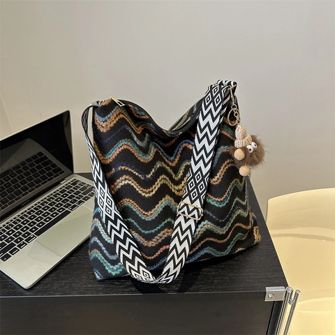 Bohemian Wave Pattern Knit Hobo Bag Large Capacity Shoulder Tote With Geometric Wide Strap And Monster Charm