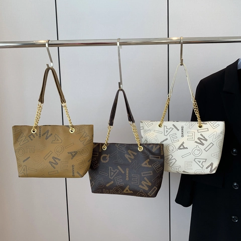 Γυναικεία Τσάντα Tote PU Εκτύπωση Γραμμάτων Μεγάλη Χωρητικότητα Τσάντα Χειρός Χρυσή Αλυσίδα Κομψό Vintage Street Style