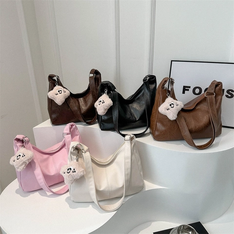 Women PU Leather Hobo Bag Retro Large Capacity Shoulder Bag With Plush Charm Casual Adjustable Strap Tote