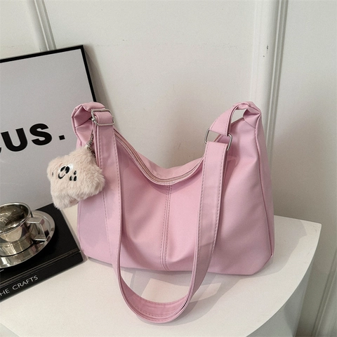 Women PU Leather Hobo Bag Retro Large Capacity Shoulder Bag With Plush Charm Casual Adjustable Strap Tote