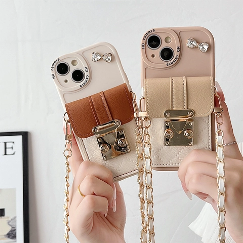 Funda De Teléfono Billetera Bandolera Con Tarjetero Cuero PU Silicona Lazo De Diamantes Cadena De Metal Para IPhone