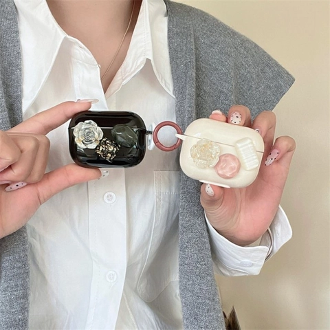 Custodia Auricolari Wireless Con Fiore Camelia Resina 3D Decorazione Foglia Oro Clip Anello Lega Vintage Donna