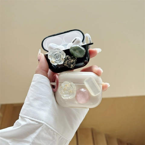 Custodia Auricolari Wireless Con Fiore Camelia Resina 3D Decorazione Foglia Oro Clip Anello Lega Vintage Donna