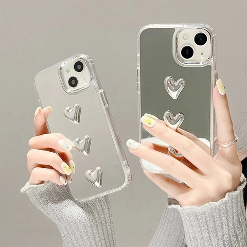 Spiegel Handyhülle Galvanisierte TPU Schutzhülle Mit 3D Herz Deko Stoßfeste Make-up Spiegel Rückseite Für Damen Mädchen