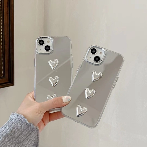 Spiegel Handyhülle Galvanisierte TPU Schutzhülle Mit 3D Herz Deko Stoßfeste Make-up Spiegel Rückseite Für Damen Mädchen