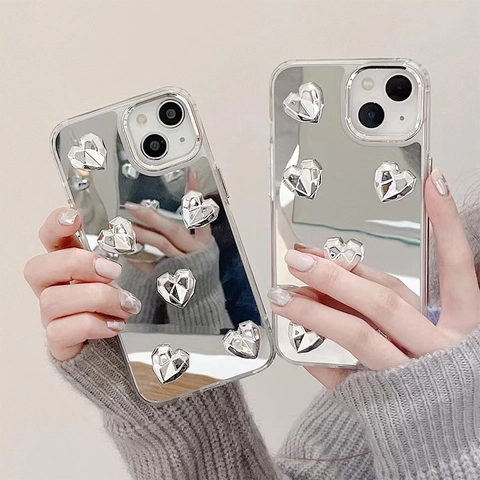 Custodia Per Telefono A Specchio Argento Con Decorazione A Cuore 3D TPU Galvanizzato Cover Protettiva Di Moda