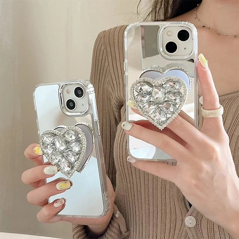 Luxury Heart Rhinestone Socket Mirror Phone Case Shiny Crystal Folding Grip Bracket Protective Cover For IPhone