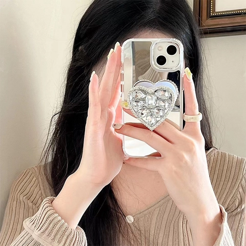 Luxury Heart Rhinestone Socket Mirror Phone Case Shiny Crystal Folding Grip Bracket Protective Cover For IPhone